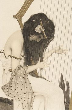 a drawing of a woman with long hair sitting on a chair and holding a harp