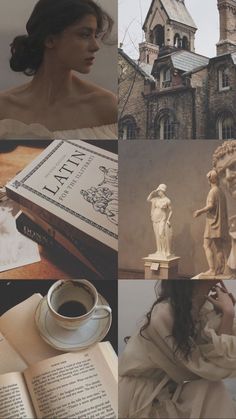 a collage of photos with books, statues and a woman holding a coffee cup