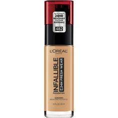 Infallible Fresh Wear 24HR Foundation -  L'Oral Infallible Fresh Wear 24HR Foundation is their most lightweight, breathable, longwear foundation. Defies transfer hour after hour.    Benefits     Up to 24 hour natural finish with buildable coverage Resists transfer, sweat and remains breathable all day Color stays true all day     Features     Advanced formula: The formula's three oil absorbers resist sweat, water, and transfer. Infused with SPF 25, non-comedogenic and suitable for all skin types Infallible Foundation, Foundation With Spf, Loreal Paris Infallible, Foundation Makeup, Broad Spectrum Sunscreen, Kat Von D, No Foundation Makeup, Liquid Foundation, Lip Color