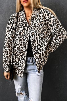 This Leopard Print Button Up Denim Jacket is the perfect addition to your wardrobe.Crafted from 100% cotton. this jacket is designed to be lightweight and comfortable.The leopard print pattern adds a unique and stylish touch to the jacket. making it a great choice for any occasion.The button up design makes it easy to put on and take off. while the denim fabric ensures durability and longevity.The jacket also features two front pockets. perfect for carrying your essentials.Whether you're looking Oversized Leopard Print Long Sleeve Outerwear, Casual Leopard Print Outerwear With Pockets, Trendy Leopard Print Outerwear With Pockets, Leopard Print Button-up Outerwear For Fall, Trendy Leopard Print Long Sleeve Outerwear, Trendy Long Sleeve Leopard Print Outerwear, Casual Leopard Print Outerwear For Work, Leopard Print Long Sleeve Outerwear With Button Closure, Fall Leopard Print Outerwear With Pockets