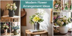 a collage of photos with flowers in vases and books on the side table