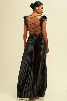 RUFFLE MAXI PLEATED DRESS SELF : 97%POLYESTER 3%SPANDEX LINING : 100%POLYESTER Please reference our size chart for information on the fit Casual Beach Wear, Maxi Dress Black, Crochet Mini Dress, Women Halter, Lace Bodycon, Sequin Gown, Lace Bodycon Dress, Pleated Maxi Dress, Pleated Maxi