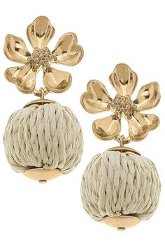 Lilah Flower Stud with Raffia Ball Earrings in Natural - Canvas Style Playful Style, Ball Earrings, Flower Stud, Beach Ready, Resort Style, Flower Studs, Base Metal, Gold Plating, The Beach