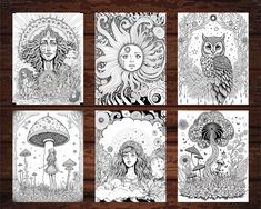 four different coloring pages with an owl and woman in the forest, mushrooms and flowers