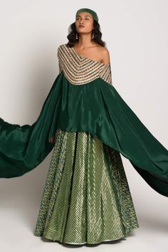 Buy Green Crepe Embroidery Asymmetric Draped Cape And Skirt Set For Women by Rishi & Vibhuti Online at Aza Fashions. Green Drapes, Blouse Yoke, Cotton Blouse Design, Jacket Cape, Bottle Green, Cotton Blouses, Skirt Pattern, Green Fabric, Set For Women