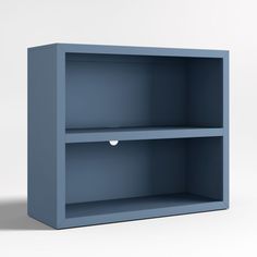 an empty blue bookcase on a white background