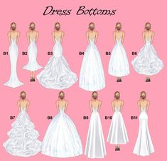 the different types of wedding gowns are shown on a pink background with text below