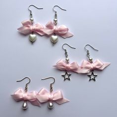 -The cutest coquette core earrings! 🎀 -Made out of fabric and stainless steel -Made to order -Earrings are handmade by me  -Let me know if you have any questions💌 Pink Bow Earrings In Cute Style, Pink Heart-shaped Jewelry With Bow, Cute Pink Bow Jewelry For Gift, Cute Pink Bow Jewelry Gift, Cute Pink Earrings With Pink Bow, Cute Earrings With Pink Bow For Gift, Cute Pink Jewelry With Bow, Cute Silver Earrings With Bow, Cute Pink Bow Earrings For Gift