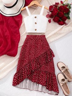 Tween Girl Casual Polka Dot Printed Wrap Skirt With Ruffle Hem And Cami Top Set Red Casual    Geometric,Polka Dot,All Over Print  Non-Stretch  Tween Girls Clothing, size features are:Bust: ,Length: ,Sleeve Length: Alledaagse Outfit, Clothes Skirts, Skirts For Girls, Cute Dress Outfits, Casual Preppy Outfits, Stylish Skirts, Skirt And Top Set, Cute Preppy Outfits, Easy Trendy Outfits