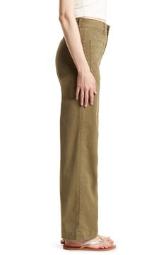 Front patch pockets refresh the look of perfectly wide-leg pants with a flattering high waist that make a retro-cool statement. 30" inseam; 20" leg opening; 12" front rise 98% cotton, 2% polyurethane Machine wash, line dry Made in the USA or imported Modern Wide Leg Pants With Welt Pockets, Spring Utility Wide Leg Pants, Relaxed Fit Retro Straight Pants, Chic Full-length Pants With Patch Pockets, Retro Relaxed Fit Straight Pants, Retro Straight Pants Relaxed Fit, Retro Straight Leg Spring Cargo Pants, Relaxed Fit Wide Leg Utility Pants, Utility Wide Leg Pants With Relaxed Fit