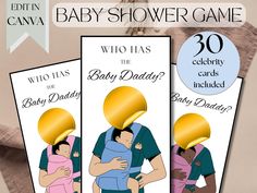 three baby shower game cards with the text who has the baby daddy?