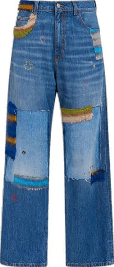 Multicolor Wide Leg Denim Jeans, Multicolor Patchwork Denim Pants, Multicolor Denim Patchwork Pants, Multicolor Patchwork Denim Jeans, Blue Recycled Denim Jeans With Patch Pockets, Blue Straight Leg Jeans With Patches, Blue Cropped Jeans In Recycled Denim, Patchwork Jeans, Straight Leg Jeans