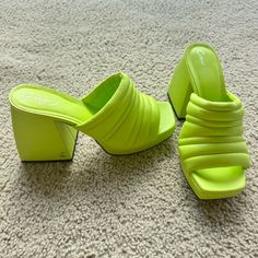 Nwot. Never Worn. Green Chunky Heel Trendy Green Slip-on Heels, Green Square Toe Heels For Spring, Spring Green Square Toe Heels, Casual Green Square Toe Sandals, Green Slip-on Sandals With Padded Heel, Green Synthetic Sandals With Square Toe, Green Synthetic Square Toe Sandals, Green Square Toe Synthetic Sandals, Lime Green Heels For Spring