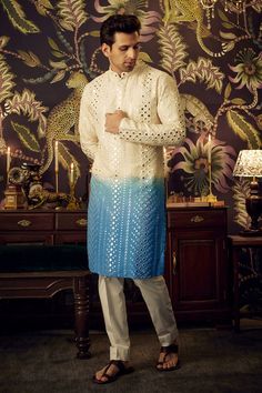 Cream and blue ombre silk kurta with mirror and thread embroidery. - Aza Fashions Kurta Men, Kurta Patterns, Cream Silk, Bedroom Furniture Design, Thread Work, Blue Ombre, Mandarin Collar, Embroidered Silk, Aza Fashion