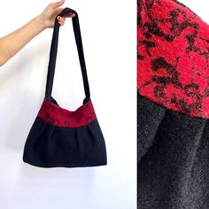 Women's Vintage Felted Bag Handbags Woolen cloth Bag Black Red Flower Hippie bag Hobo Boho bag Shoulder bag Everyday bag Shopping Bag CONDITION: the bag is in great vintage condition (please see photos) Tag: No Tags.  Materials: No tags (feels like a wool) Measurements: Size: 33cm (13'') x 37cm (14,6'') x9cm (3,3'') Handles height: 35cm (13,7'') **Measurements are taken with the garment lying flat. (Some sizes then doubled - Bust, Waist, Hips). Be sure to leave room for movement and comfort** Ad Black Canvas Crossbody Bag With Handles, Black Crossbody Canvas Bag, Fabric Shoulder Bag For Daily Use, Black Large Capacity Fabric Shoulder Bag, Large Capacity Black Fabric Shoulder Bag, Red Square Bag For Daily Use, Fabric Shopping Bag With Adjustable Strap, Red Handheld Bucket Bag For Daily Use, Red Square Canvas Bag For Daily Use