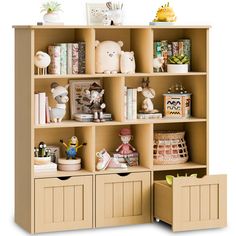 an open bookcase with many different items on it