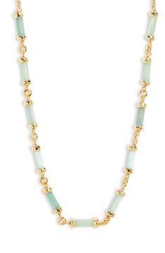 Elongated stones are capped with 14-karat-gold plating along this stackable necklace. 17" length; 1/4" width 14k-gold plate/amazonite or pink quartz/mother-of-pearl/glass Imported Gigi Necklace, Stackable Necklaces, Jewellery Sketches, Pink Quartz, Kendra Scott, Gold Plating, Mother Of Pearl, Gold Plate, Plating