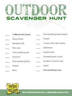 an outdoor scavenger hunt is shown in this printable activity for the kids