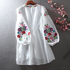 Lasaky - Artistic Rural Lantern Sleeve Cotton Linen Vacation Embroidered Lotus Leaf Hem Loose Casual One-Piece Dress White Peasant Embroidered Long Sleeve Dress, White Long Sleeve Peasant Embroidered Dress, Summer V-neck Embroidered Dress With Intricate Embroidery, V-neck Embroidered Dress For Summer, Summer V-neck Embroidered Dress, Folk Style Long Sleeve Embroidered Summer Dress, Folk Style Long Sleeve Embroidered Dress For Summer, Long Sleeve Folk Embroidered Dress For Summer, Folk Style Embroidered Dress For Spring Vacation