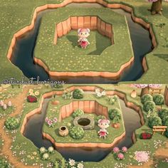 an animal crossing game is shown in two separate screens, one with a pond and the other with flowers