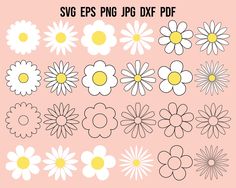 flowers and daisies are shown on a pink background with the text svg epss png dxf