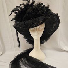 Vintage Elsie Massey Original Black Pleated Satin Top With Black Roses & Black Feathers. It Is Finished Off With A Black English Netting Bow In The Back. New But The Tag Has Been Removed. Em3071 Victorian Goth Accessories, Gothic Head Accessories, Victorian Hats Woman, Victorian Headpiece, Gothic Hats, Black Headpiece, Bat Hat, Goth Prom, Lady Hat