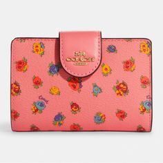 Color : Gold/Pink Lemonade Multi Product Details Printed Coated Canvas And Smooth Leather Seven Credit Card Slots Bill Compartment Id Window Snap Closure Zip Coin Pocket 5" (L) X 3 1/2" (H) X 1/2" (W) Style No. C9934 Chic Pink Bag With Interior Card Slots, Chic Pink Bags With Interior Card Slots, Feminine Pink Wallets For Daily Use, Pink Rectangular Feminine Wallet, Pink Feminine Rectangular Wallet, Pink Wallets For Everyday Use In Spring, Pink Feminine Wallet For Everyday Use, Feminine Pink Wallet For Everyday Use, Pink Feminine Wallet For Everyday