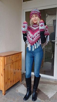 Winter Multicolor Knitted Poncho, Cozy Multicolor Poncho For Winter, Cozy Multicolor Winter Poncho, Winter Bohemian Crochet Poncho, Winter Knitted Acrylic Poncho, Bohemian Crochet Poncho For Winter, Cozy Winter Poncho For Cold Weather, Winter Casual Acrylic Poncho, Winter Festival Poncho One Size