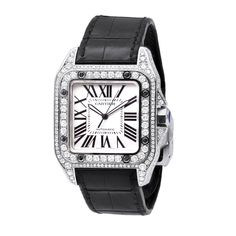 Model/Collection Name: Santos de Cartier&#44 Luxury Cubic Zirconia Diamond Watch For Formal Occasions, Luxury Diamond Jewelry And Watches With Diamond Accents, Designer Black Cartier Watch, Modern Watches With Diamond Hour Markers In Diamond White, Modern Formal Watches In Diamond White, Modern Diamond White Watch With Diamond Hour Markers, Luxury Diamond White Watch With Cubic Zirconia, Modern Diamond White Watches With Diamond Hour Markers, Luxury White Gold Watch Bands For Business