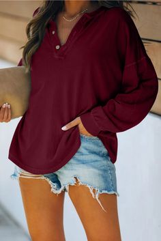 Red Buttoned V Neck Cotton Loose Fit Top Casual Burgundy Blouse For Fall, Easy Outfit, Summer To Fall, Loose Fitting Tops, Loose Shirts, Tie Blouse, Loose Blouse, Casual Fits, V Neck Tops