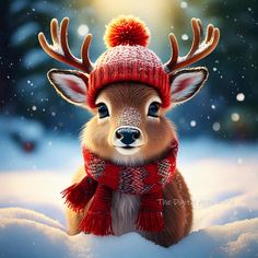 a painting of a deer wearing a red scarf and a knitted hat in the snow