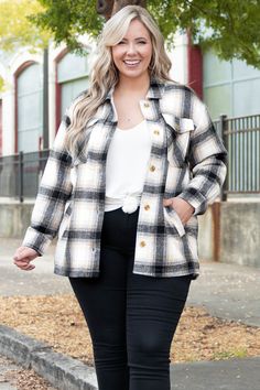 Don't miss out on this gorgeous shacket! It's no shock how cute and comfy it truly is! The plaid pattern, functional pockets, and super cozy lining makes this the perfect piece to add to your wardrobe this season! Pair this shacket with all your favorite outfits for an effortlessly trendy look! 100% Polyester Black Flannel Button-up Outerwear, Cozy Collared Shacket With Pockets, Casual Plaid Shacket With Pockets, Oversized Cozy Shacket With Pockets, Flannel Long Sleeve Shacket With Pockets, Flannel Shacket With Pockets, Oversized Flannel Shacket With Pockets, Flannel Shacket With Pockets And Long Sleeves, Trendy Flannel Winter Outerwear