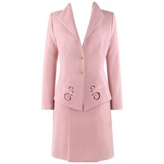 DESCRIPTION: ALEXANDER McQUEEN S/S 1999 "No. 13" 2 Pc Pink Cut Work Blazer Skirt Suit Set Brand / Manufacturer: Alexander McQueen Collection: Spring / Summer 1999 "No. 13" Designer: Alexander McQueen Style: Skirt suit Color(s): Pink Lined: Yes Unmarked Fabric Content (feel of): Shell: Wool; Lining: Silk Additional Details / Inclusions: Lapel collar blazer with built-up neckline at back, long sleeves, embroidered cut work detail wraps from front hem to center back, two center front button closure Fitted Pink Skirt Suit For Winter, Fitted Pink Winter Suits, Classic Fitted Pink Sets, Alexander Mcqueen Collection, Vintage Skirt Suit, Suits Outfits, Long Blazer Jacket, Alexander Mcqueen Fashion, Work Blazer