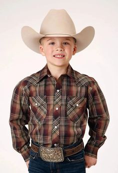 Roper Wild West Junior (Brown) - Boy's Western Shirt - Hatcountry Long Sleeve Brown Shirt For Ranch, Brown Fitted Shirt For Fall, Fitted Brown Shirt For Fall, Fitted Brown Shirt For Rodeo, Western Style Brown Tops For Ranch, Fitted Western Brown Shirt, Brown Fitted Western Shirt, Fitted Brown Western Shirt, Brown Western Shirt For Fall