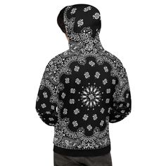 Black bandana all-over Hoodie This comfy unisex hoodie has a soft outside with a vibrant print, and an even softer brushed fleece inside. The hoodie has a relaxed fit, and it's perfect for wrapping yourself into on a chilly evening. * 70% polyester, 27% cotton, 3% elastane * Fabric weight: 8.85 oz/yd² (300 g/m²) * Soft cotton-feel fabric face * Brushed fleece fabric inside * Double-lined hood with design on both sides * Unisex style * Overlock seams * Comes with drawstrings RETURN & EXCHANGE Casual Black Bandana For Winter, Casual Black Winter Bandana, All Over Print Cotton Hoodie For Streetwear, Cotton Hoodie With All Over Print For Streetwear, Winter Cotton Hoodie With All Over Print, Winter Hoodie With All Over Print, Hooded All Over Print Winter Sweatshirt, Winter Streetwear Hoodie With All Over Print, Winter Hoodie Sweatshirt With All Over Print