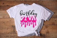 Girls Birthday Diva T-Shirt, Happy Birthday Diva Tee, Girl's Birthday Shirt, Girl's Birthday Gift , Custom Birthday Shirt, Graffiti Birthday This birthday t-shirt is perfect for the divas! This tee makes a great birthday gift!  Birthday is in black script and DIVA in hot pink, dark purple, or gold glitter graffiti. *Shirts are unisex Happy Birthday Diva, Top For Birthday, Graffiti Birthday, Graffiti Shirts, Dripping Font, Personalized Clothing, Custom Birthday Shirts, Birthday Girl Shirt, Girls Graphic Tee