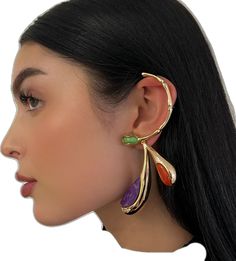 Fine Jewelry Clip-on Earrings For Party, Elegant Multicolor Teardrop Hoop Earrings, Modern Ear Cuff With Matching Earrings, Elegant Multicolor Single Earring, Modern Pierced Ear Cuff For Parties, Elegant Clip-on Ear Cuff, Modern Clip-on Ear Cuff, Elegant Clip-on Dangle Ear Cuff, Unique Metal Ear Cuff