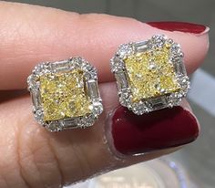 Fancy yellow diamond stud earrings prove the age-old saying "Diamonds are a girl's best friend". Totaling 3.03carats of delicious pleasure. Metal: 18K Two-Tone GoldDiamond Shape: Brilliant Round / Cushion CutDiamond Weight: Fancy Yellow 1.66ct tw, 24 round brilliant 1.37ct twDimensions: 11mm x 11mm Canary Yellow Diamonds, Fancy Yellow Diamond, Canary Yellow, Diamond Stud Earrings, Diamond Stud, Yellow Diamond, Girls Best Friend, Diamond Earrings Studs, Diamond Studs