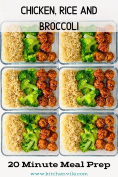 four plastic containers filled with chicken and broccoli on top of rice in them