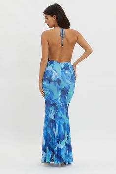 Summer Maxi Dress With Cutout Low Back, Party Maxi Dress With Ruched Back, Summer Backless Maxi Dress With Keyhole Back, Blue Halter Neck Maxi Dress With Tie Back, Backless Cutout Back Maxi Dress For Vacation, Vacation Backless Maxi Dress With Cutout Back, Blue Backless Maxi Dress With Tie Back, Chic Backless Maxi Dress With Keyhole Back, Prom Halter Tie-back Maxi Dress