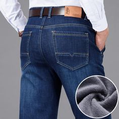 These Casual Denim Stretch Pants for men feature a zipper fly closure, mid-waist, and straight jeans style. They are made from a fabric composition of 67.8% cotton, 30.65% polyester fiber, and 1.55% spandex that provide a comfortable, relaxed fit and a smart casual look. The warm fleece thickness ensures extra comfort and versatility in any season. Product Details Wash: Medium Waist Type: MID Thickness: Fleece Style: Smart Casual Pattern Type: Solid Material: Denim Length: Full Length Jeans Styl Smart Casual Men, Stretch Denim Pants, Smart Casual Style, American Jeans, Mens Fashion Jeans, Style Winter, Casual Sportswear, Jeans Fashion, Denim Jeans Men