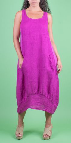 Full Linen Sleeveless Dress that Falls about Mid-Length. There are Elastic Side Panels and Pockets. 100% Linen One Size / OS Model 5'8" Made in Italy Summer Purple Dresses With Pockets, Sleeveless Maxi Dress With Slip Pockets For Summer, Sleeveless Dresses With Slip Pockets, Sleeveless Linen Dress, Side Panels, Italian Fashion, Handbags On Sale, New Bag, Tunic Dress