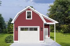 a two car garage with an attached porch