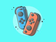 two nintendo wii controllers sitting next to each other on top of a blue and orange background