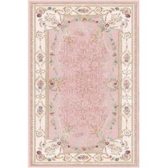 a pink and white rug with an ornate border