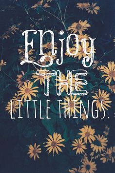 flowers with the words enjoy the little things written in white on top of them, surrounded by yellow daisies