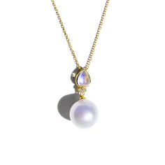 Artemis 14K Gold Diamond Moonstone Baroque Pearl Convertible Pearl Necklace Product measurements:  With baroque pearl   Adjustable 16/18 inch length With round baroque pearl   Adjustable 16/18 inch length Without pearl   Adjustable 16/18 inch length Details: 14K Solid Gold 1 Piece 5 x 7 mm Pear-Cut Moonstone  ｜Blue｜ Eye-Clean Clarity Moonstone CTW: 0.80 Diamond Color-Clarity: G Color ｜ VS Clarity Diamond CTW: 0.04 Freshwater Baroque Pearls Approximately 15 x 25 mm Freshwater Round Baroque Pearls 12-13 mm Moonstone is considered a feminine stone, a lucky charm linked to the tides, the ocean, the earth, inner mothers and children, and the cyclical nature of women. Wearing a moonstone is said to evoke the power of the divine lunar Goddess within you, connecting your soul with the insurmountab Elegant Moonstone Necklace In Yellow Gold, Elegant Yellow Gold Moonstone Necklace, Elegant Baroque Pearl Necklace With Gemstone, Elegant Moonstone Jewelry With Pearl Pendant, Gold Teardrop Pearl Necklace With Gemstone, Elegant Pear-shaped Moonstone Jewelry, Gold Briolette Pearl Necklace With Gemstone, Gold Briolette Gemstone Pearl Necklace, Elegant Moonstone Necklaces For Formal Occasions