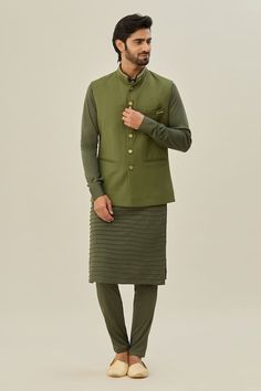 Olive green sleeveless bundi with mandarin collared neckline. Paired with pintuck kurta and pyjama. - Aza Fashions Kurta Set Men, Kurta Set For Men, Green Plain, Nehru Jacket, Nehru Jackets, Kurta Set, Green Man, Pin Tucks, Mandarin Collar