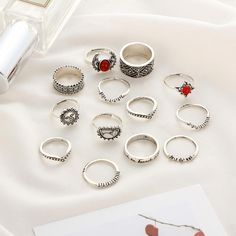 WickedAF Ring Set Celestial Ring Set 14pcs Trendy Red Stackable Jewelry, Celestial Ring, Ring Sets Boho, Sunflower Ring, Rings Vintage, Knuckle Rings, Bohemian Rings, Rings For Girls, Rings Set