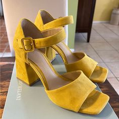 Brand New, Antonio Melani From Dillards, Citrine Open Toe, Block Heal, Suede Sandals. Yellow Block Heels With Buckle Closure, Yellow Closed Toe Sandals For Formal Occasions, Yellow Open Heel Shoes With Heel Loop, Formal Yellow Closed Toe Sandals, Yellow Ankle Strap Heels With Heel Loop, Yellow Heels With Ankle Strap And Heel Loop, Yellow Closed Toe Sandals Medium Width, Yellow Closed Toe Sandals With 4-inch Heel, Yellow Closed Toe Heels With Heel Loop